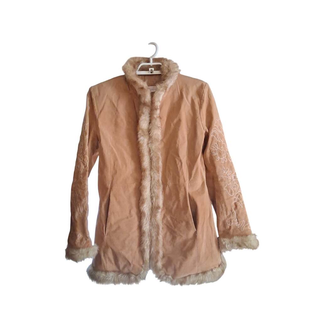 Xhilaration vintage jacket coat womens Large leather embroidered faux fur Y2K